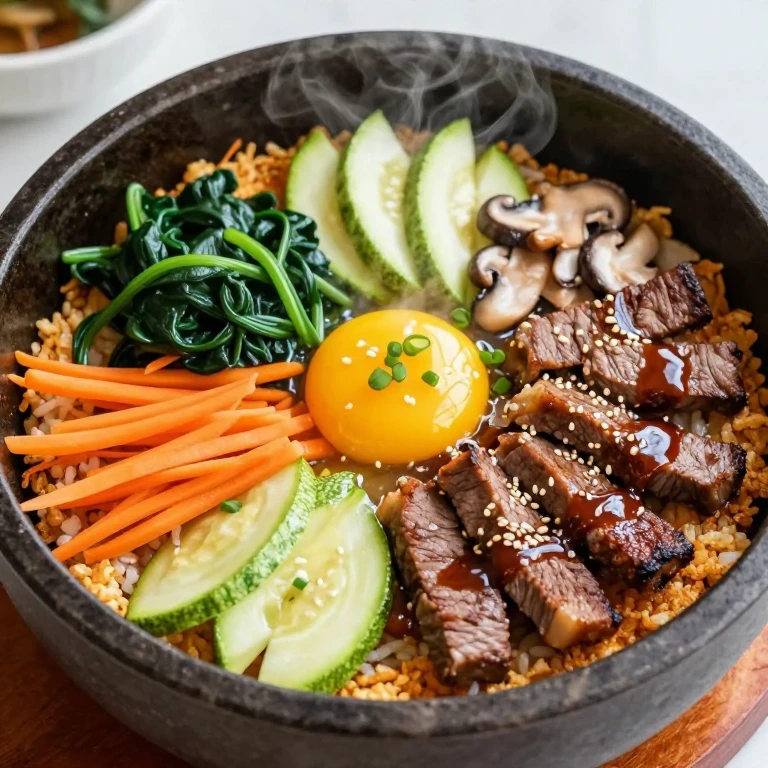bibimbap with crispy rice base, egg yolk, colorful vegetables in stone bowl