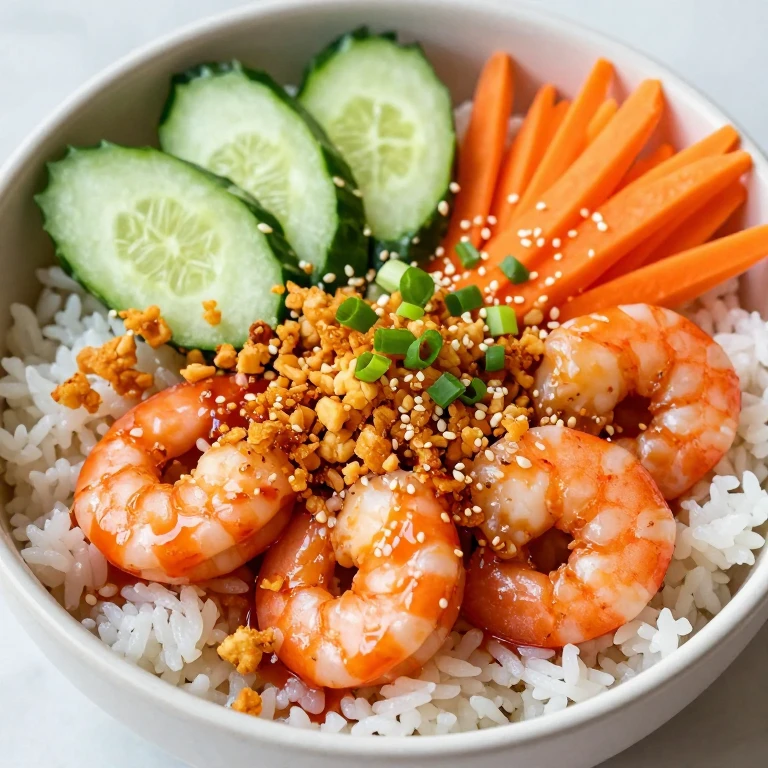 gochujang shrimp bowl with crispy garlic, cucumber, carrot, sesame seeds
