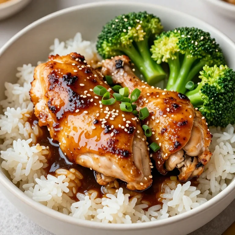 soy-garlic chicken bowl with caramelized sauce, broccoli, sesame seeds