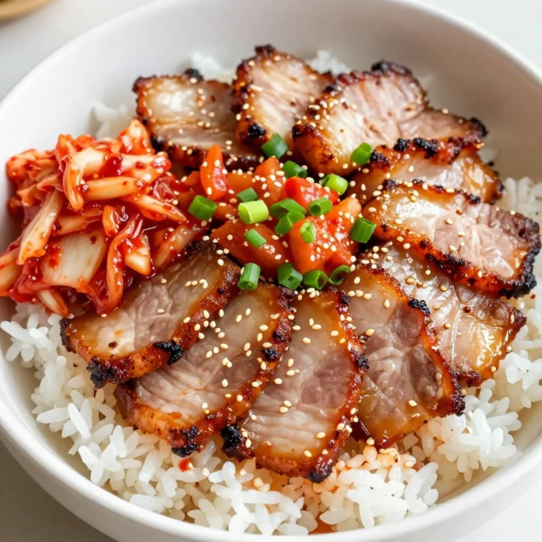 spicy pork belly bowl with kimchi, crispy pork, sesame seeds, scallions