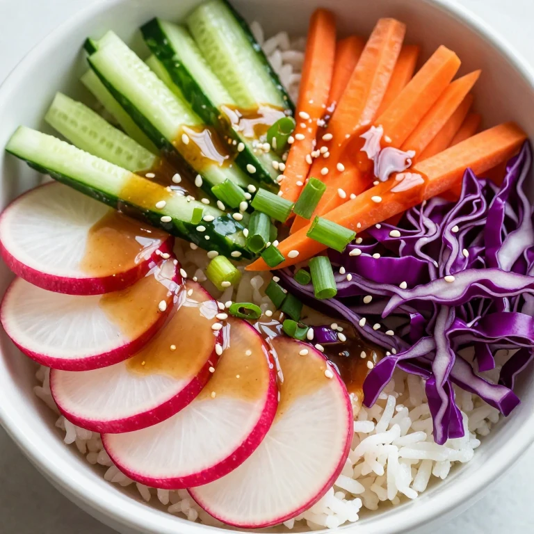 cucumber radish salad bowl with soy-vinegar dressing, colorful vegetables, sesame