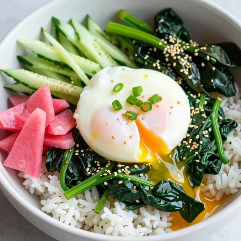 sesame spinach soft egg bowl, poached egg, pickled radish, sesame seeds
