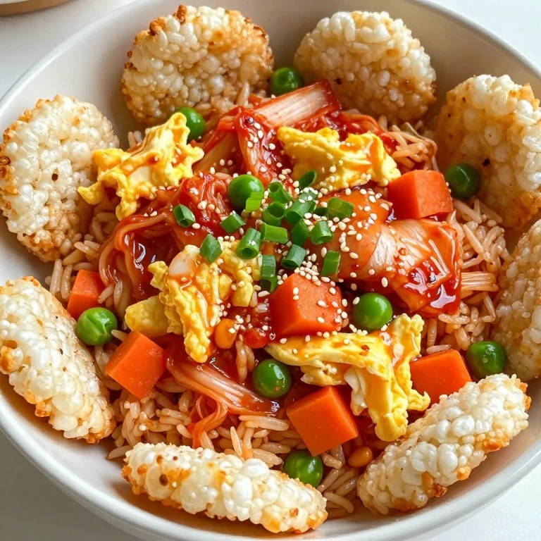 kimchi fried rice bowl with crispy rice, scrambled eggs, peas, sesame seeds