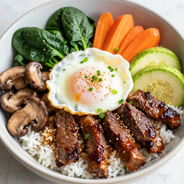 marinated beef vegetable prep bowl, caramelized beef, blanched vegetables, egg