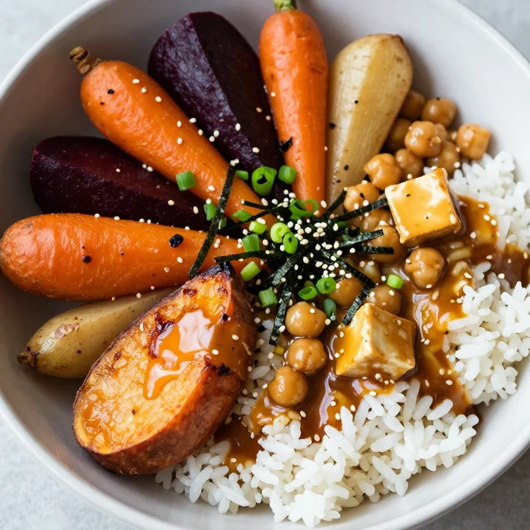 roasted root vegetable miso-butter bowl, caramelized vegetables, chickpeas, nori