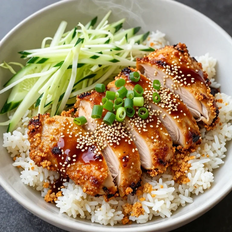 Sesame chicken rice bowl with crispy rice crust and golden chicken thigh
