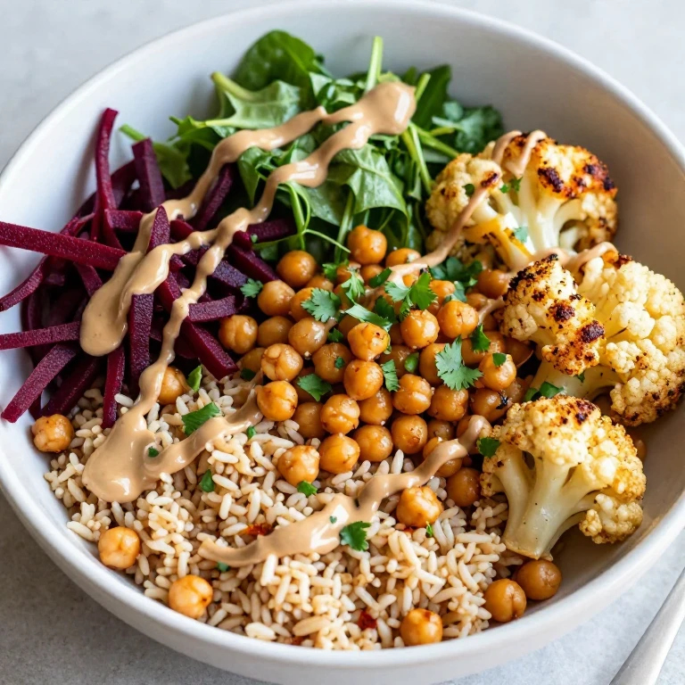 Chickpea Buddha bowl with roasted cauliflower, beets, and tahini