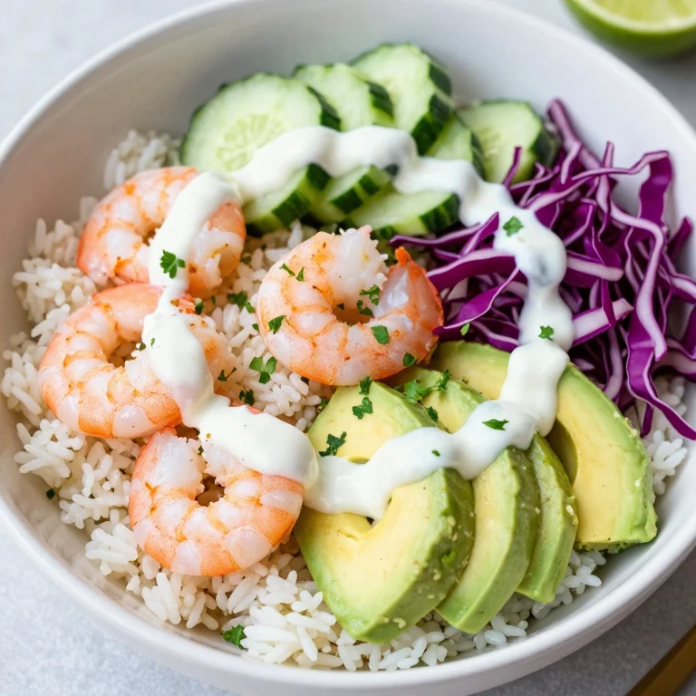 Shrimp avocado rice bowl with lime crema and fresh vegetables