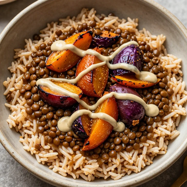 Spiced lentil bowl with roasted root vegetables and tahini drizzle