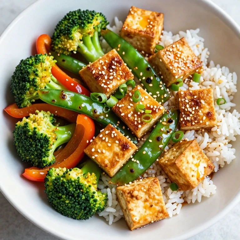 Tofu stir-fry rice bowl with crispy tofu and charred vegetables