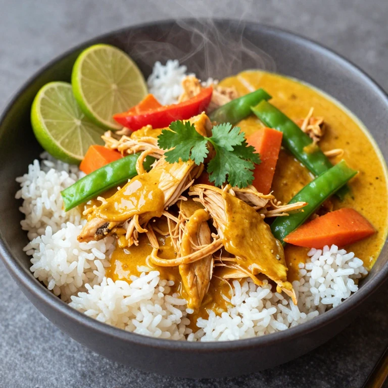 Coconut curry chicken rice bowl with mixed vegetables and cilantro
