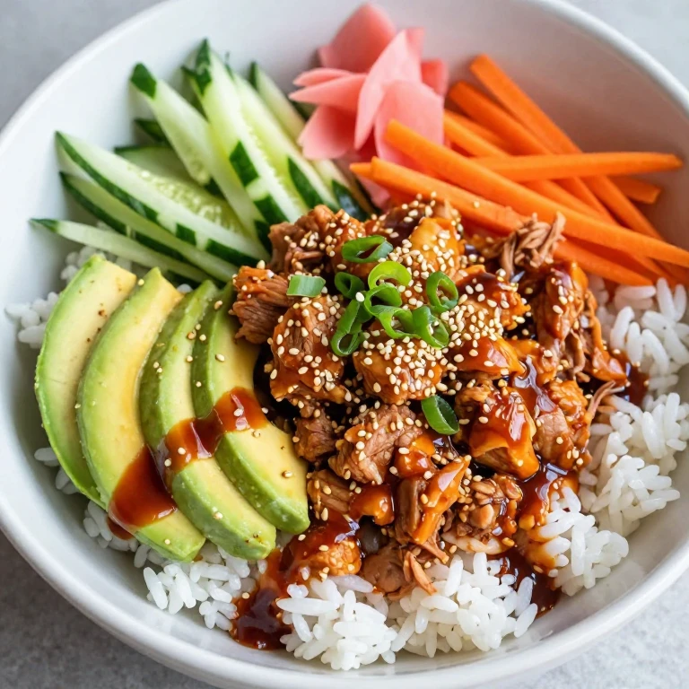 Spicy tuna sesame rice bowl with avocado and pickled ginger