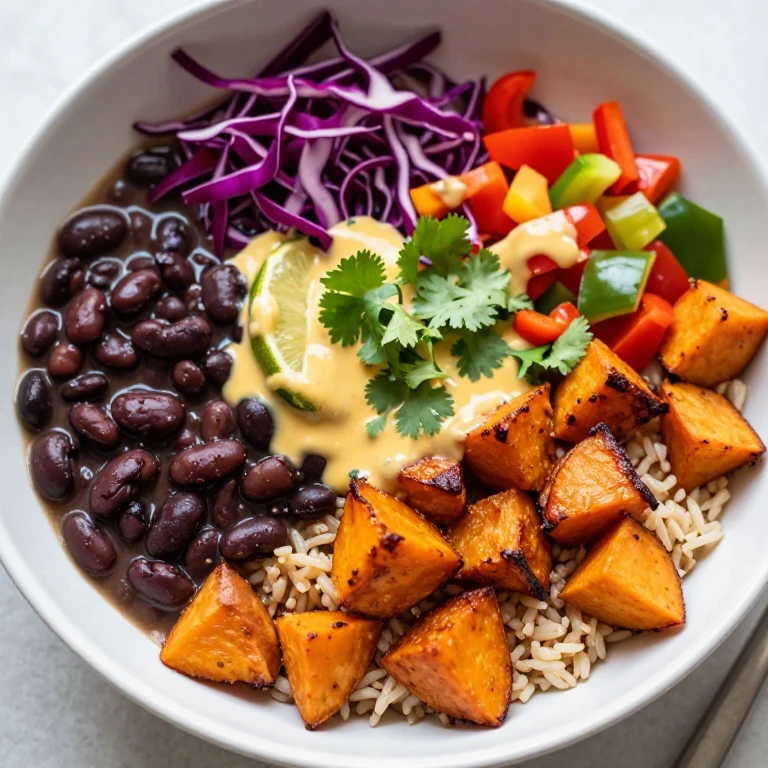 Black bean sweet potato rice bowl with lime dressing and cilantro