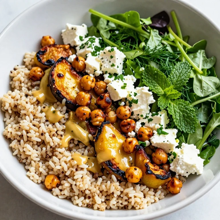 Mediterranean grain bowl with roasted vegetables, chickpeas, and feta