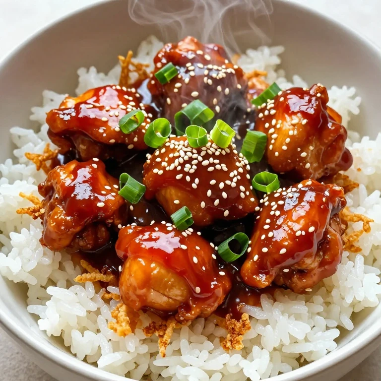 Gochujang-glazed chicken with rice, sesame seeds, and scallion oil in bowl