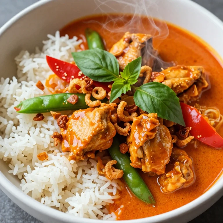 Thai red curry chicken with jasmine rice, vegetables, and crispy shallots