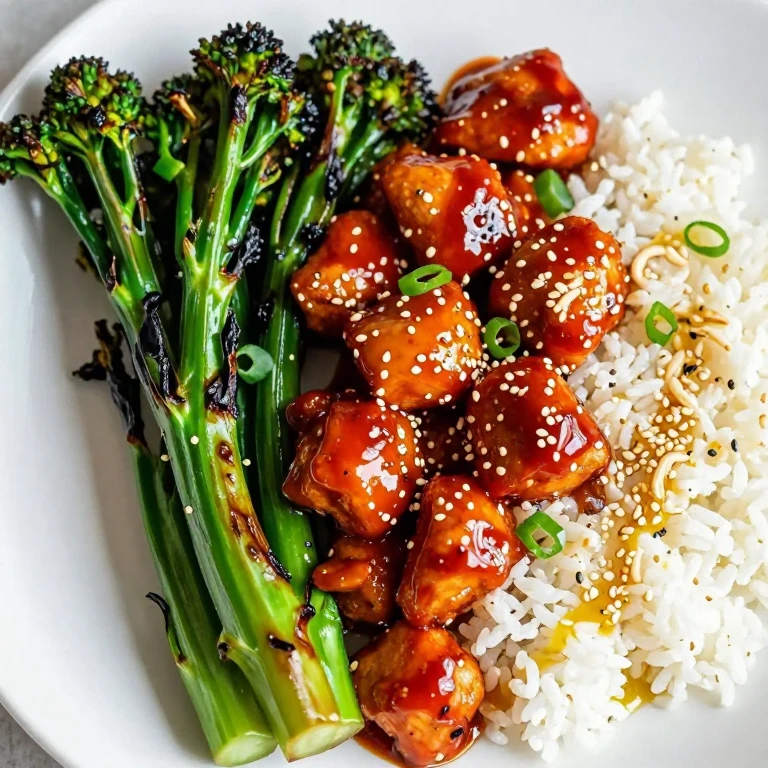 Chili-garlic chicken with charred broccolini, sesame rice, and scallions
