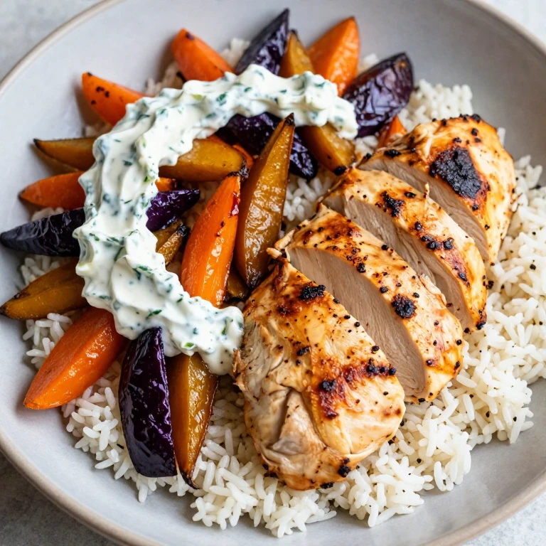 Harissa chicken with roasted vegetables and herbed yogurt on rice