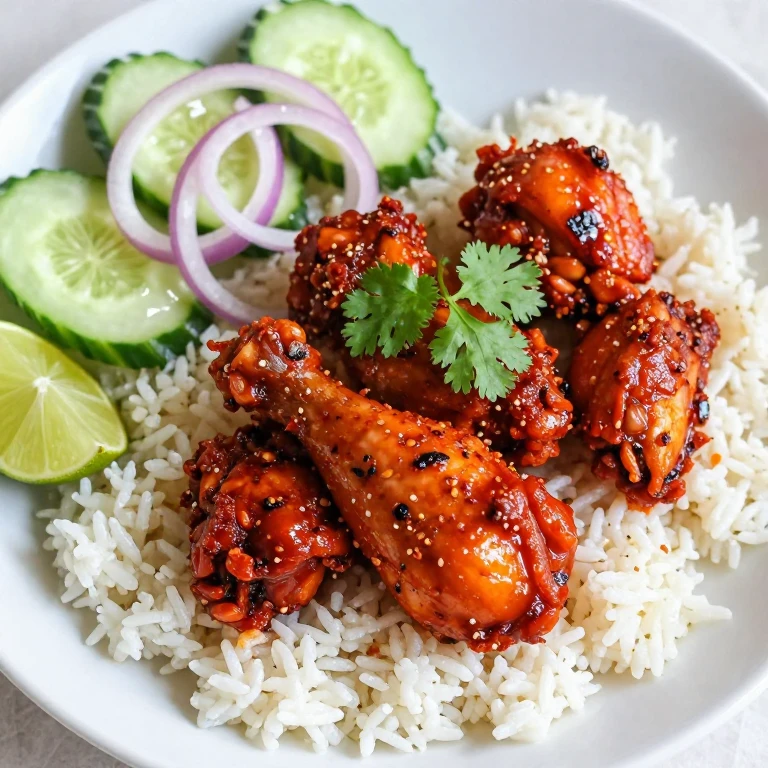 Sambal chicken with cucumber salad, coconut rice, and cilantro garnish