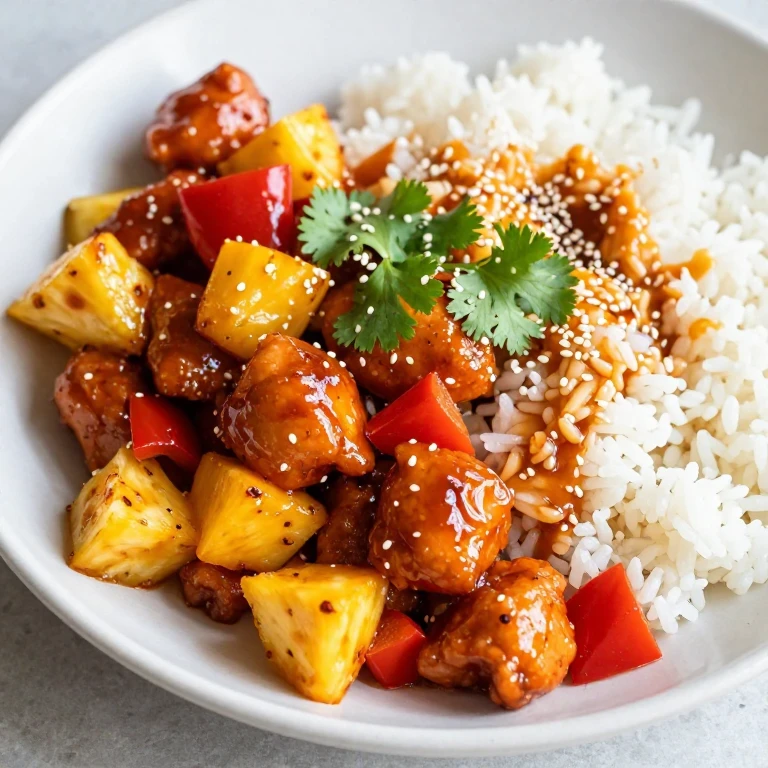 Sriracha-honey chicken with pineapple, bell pepper, rice, and cilantro