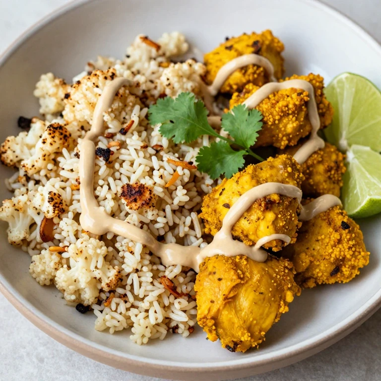Ginger-turmeric chicken with cauliflower rice and tahini sauce drizzle