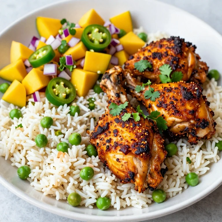 Jerk chicken with coconut rice and peas, topped with mango salsa