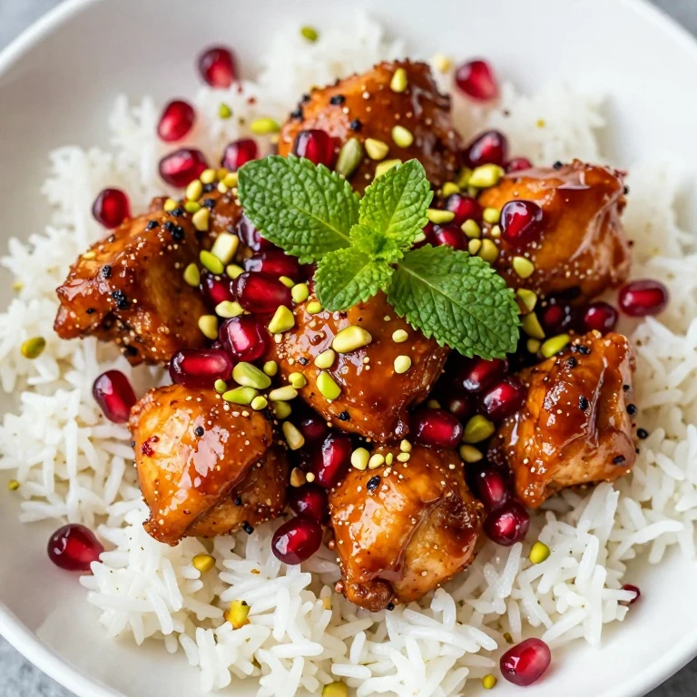 Cardamom-chili chicken with pomegranate, pistachios, and mint on rice