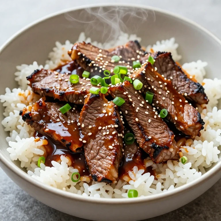 Classic skillet steak teriyaki bowl with glossy beef and sesame seeds