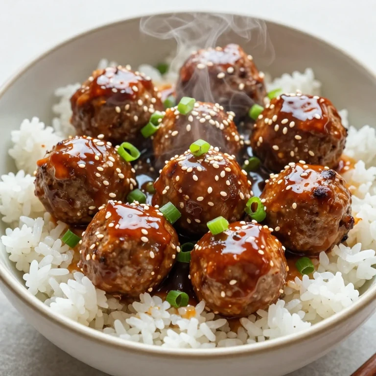 Classic teriyaki beef meatball bowl with scallions and sesame seeds