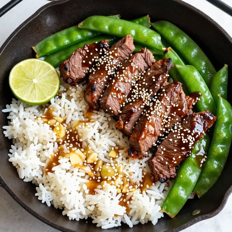 Garlic-ginger beef skillet with crisp snap peas and lime wedge