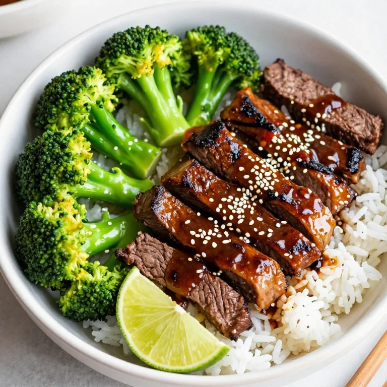 Broccoli beef teriyaki bowl with sesame seeds and lime wedge