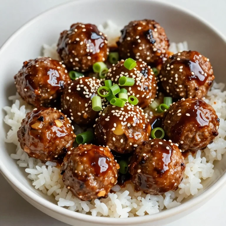 Ginger-scallion beef meatball bowl with fresh scallions and sesame
