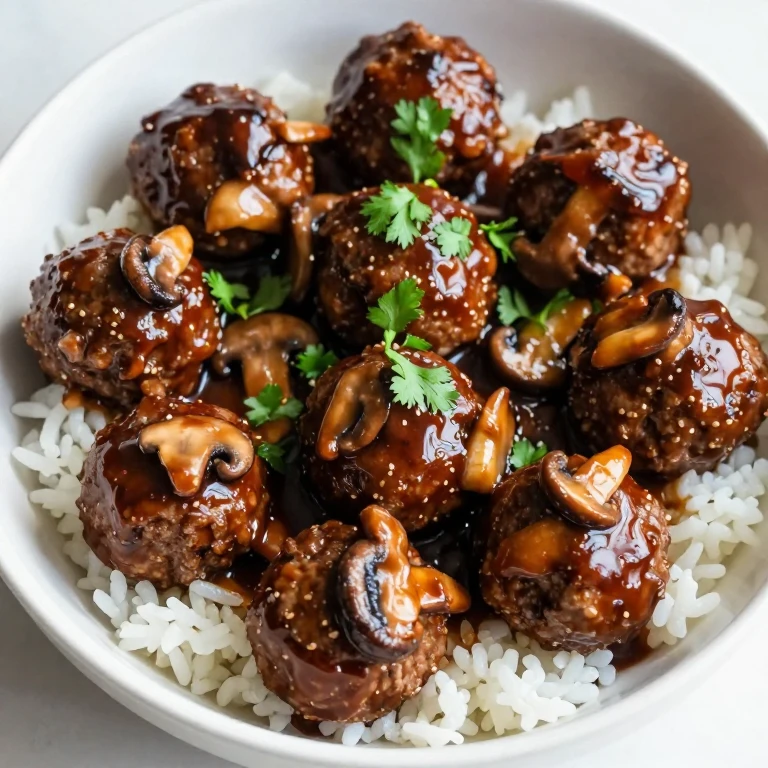 Mushroom teriyaki beef meatball bowl with fresh herb garnish