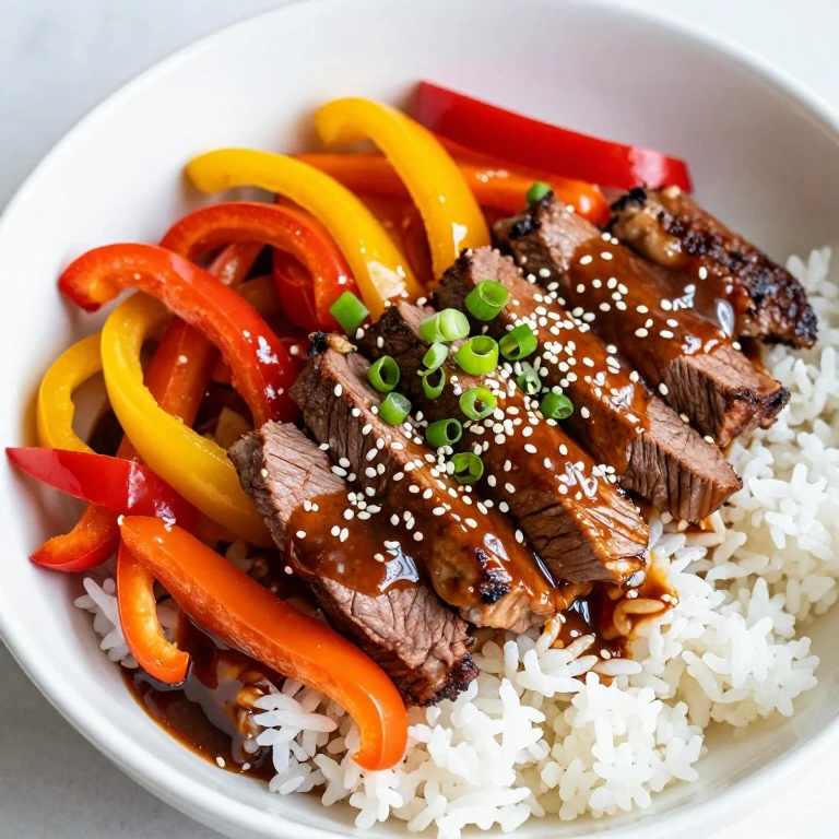 Rainbow pepper beef teriyaki bowl with colorful bell peppers