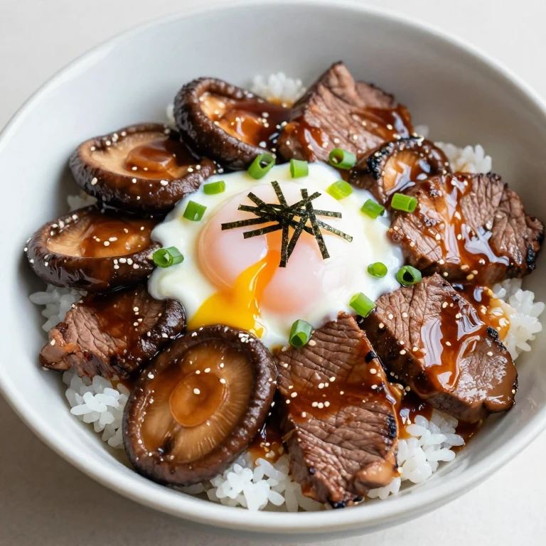 Beef shiitake teriyaki donburi with soft-boiled egg and nori