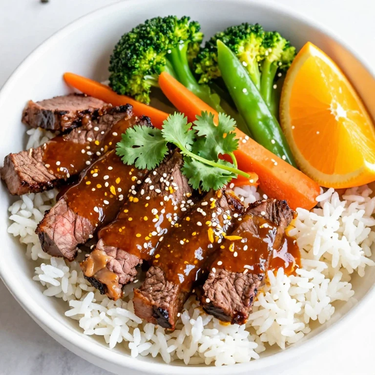 Citrus-ginger beef teriyaki bowl with vegetables and orange wedge