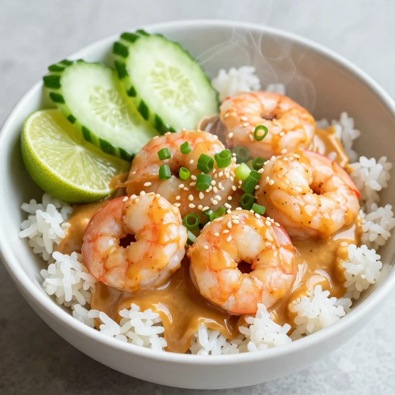 White miso butter shrimp bowl with jasmine rice and fresh toppings