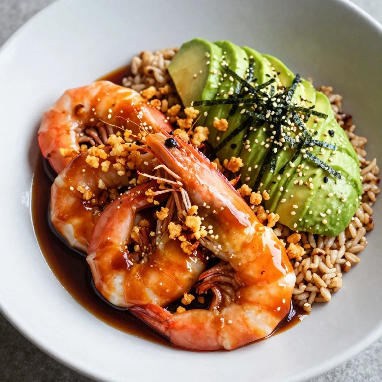 Red miso shrimp with crispy garlic, avocado, and nori over brown rice