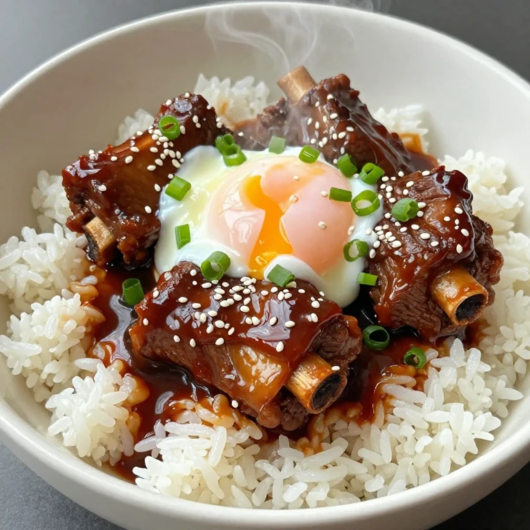 Slow-braised teriyaki beef short rib bowl with soft-boiled egg