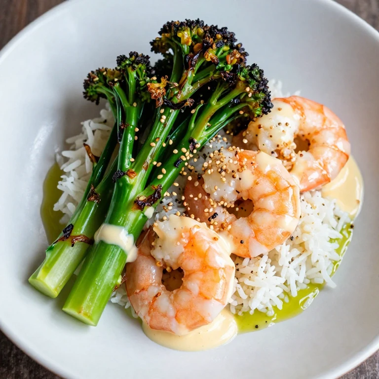 Miso butter shrimp with charred broccolini and sesame seeds