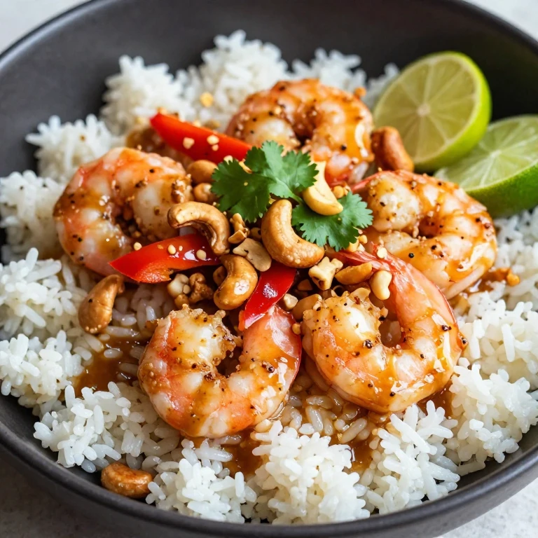Miso-ginger shrimp with cashews, red pepper, and cilantro
