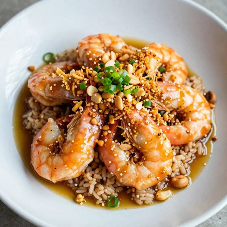 Miso-ginger shrimp with peanuts and crispy onions over brown rice