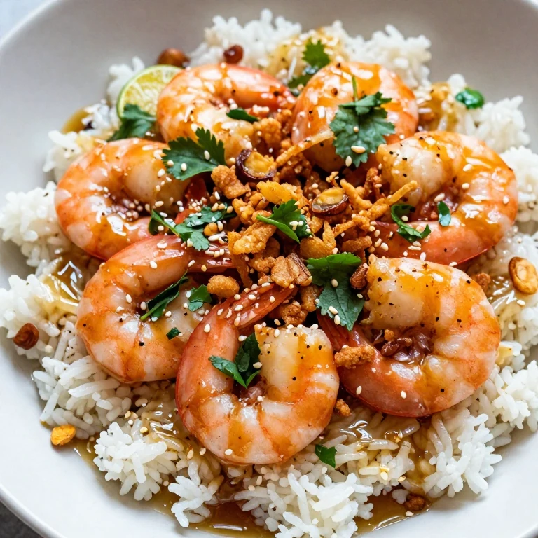Miso-honey shrimp with crispy shallots and fresh basil
