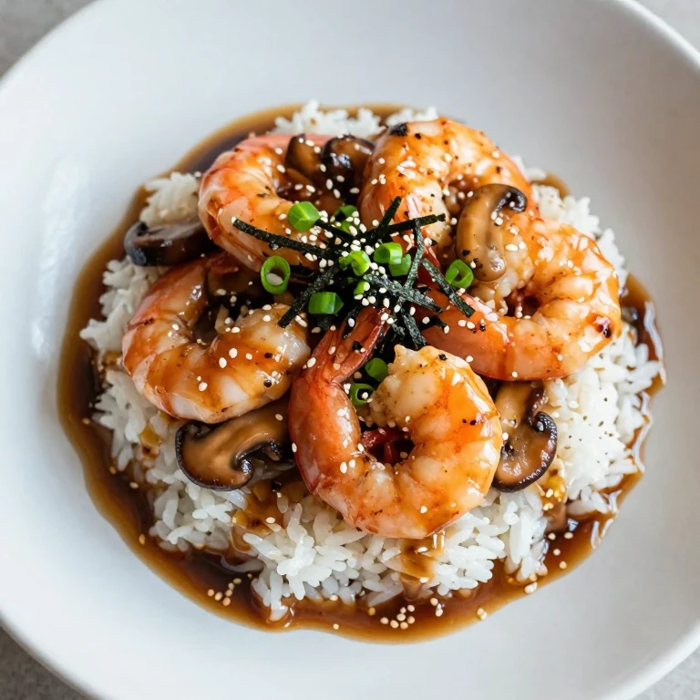 Miso-soy shrimp with mushrooms, nori, and scallions over rice
