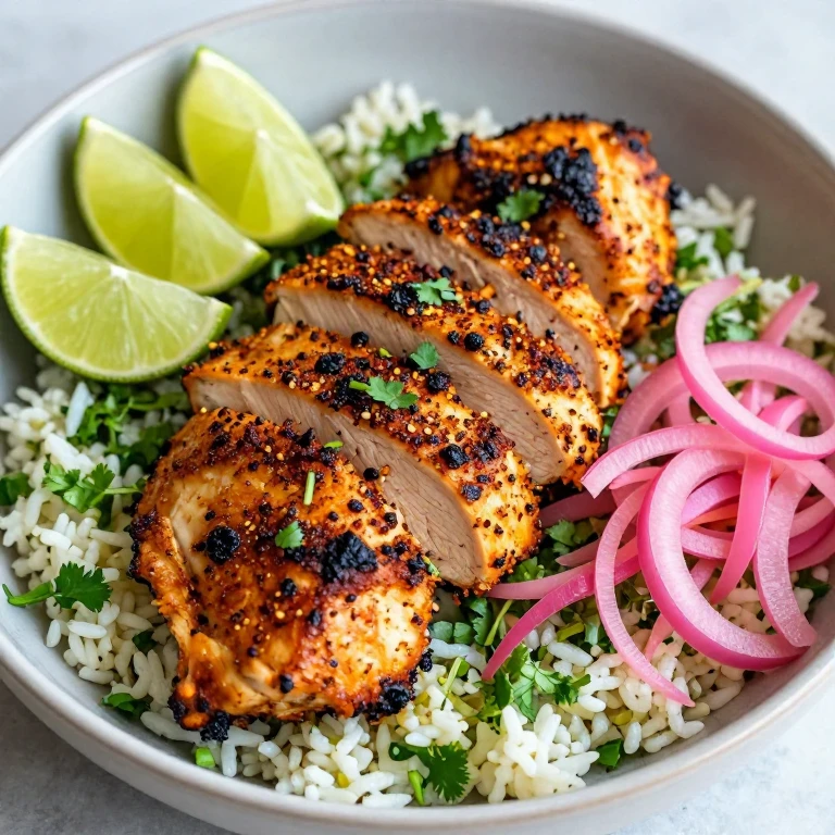 Charred chili-lime chicken with pickled onions and cilantro lime rice