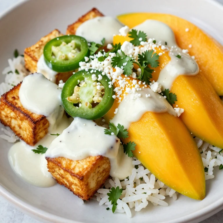 Crispy tofu with mango, lime crema, and cotija cheese bowl