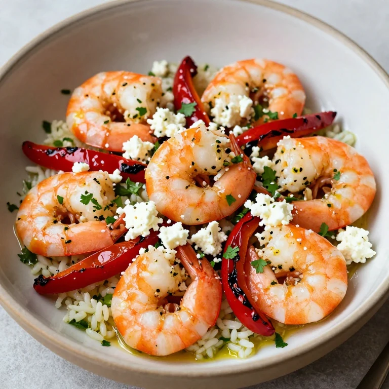 Garlicky shrimp with roasted red peppers, feta, and cilantro lime rice