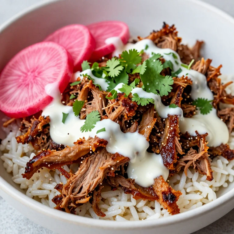 Crispy carnitas with pickled radishes and lime crema bowl