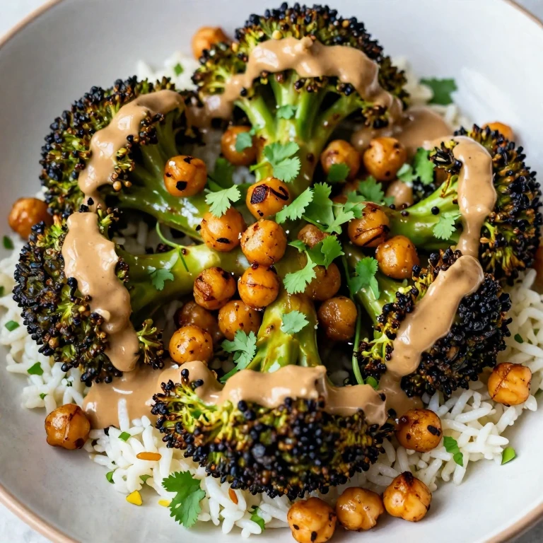 Roasted broccoli and chickpeas with tahini drizzle and cilantro