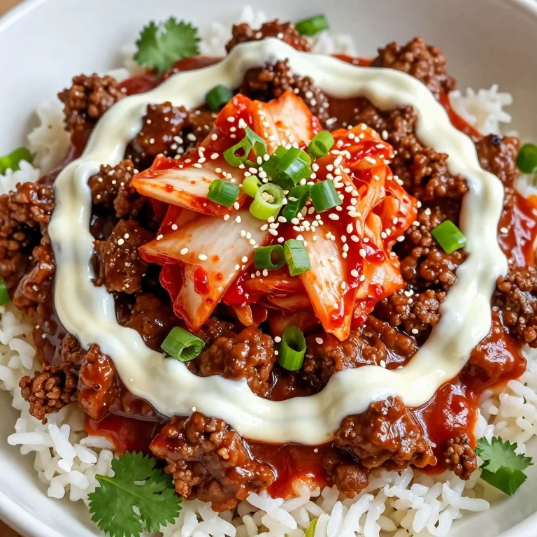 Spicy Korean beef with kimchi, gochujang crema, and sesame seeds
